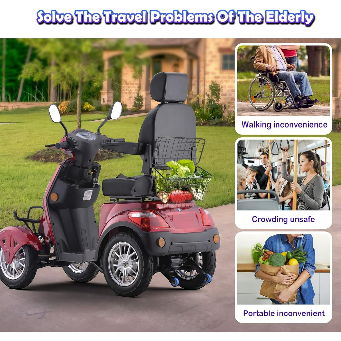 Aoemoe Super Large Electric 4 Wheel Mobility Scooters, Heavy Duty 800W Wheelchair Device, 500 LBS Capacity for Seniors & Adults, Speed Adjust, Remote Key, Receive Ready to Ride.（Red）