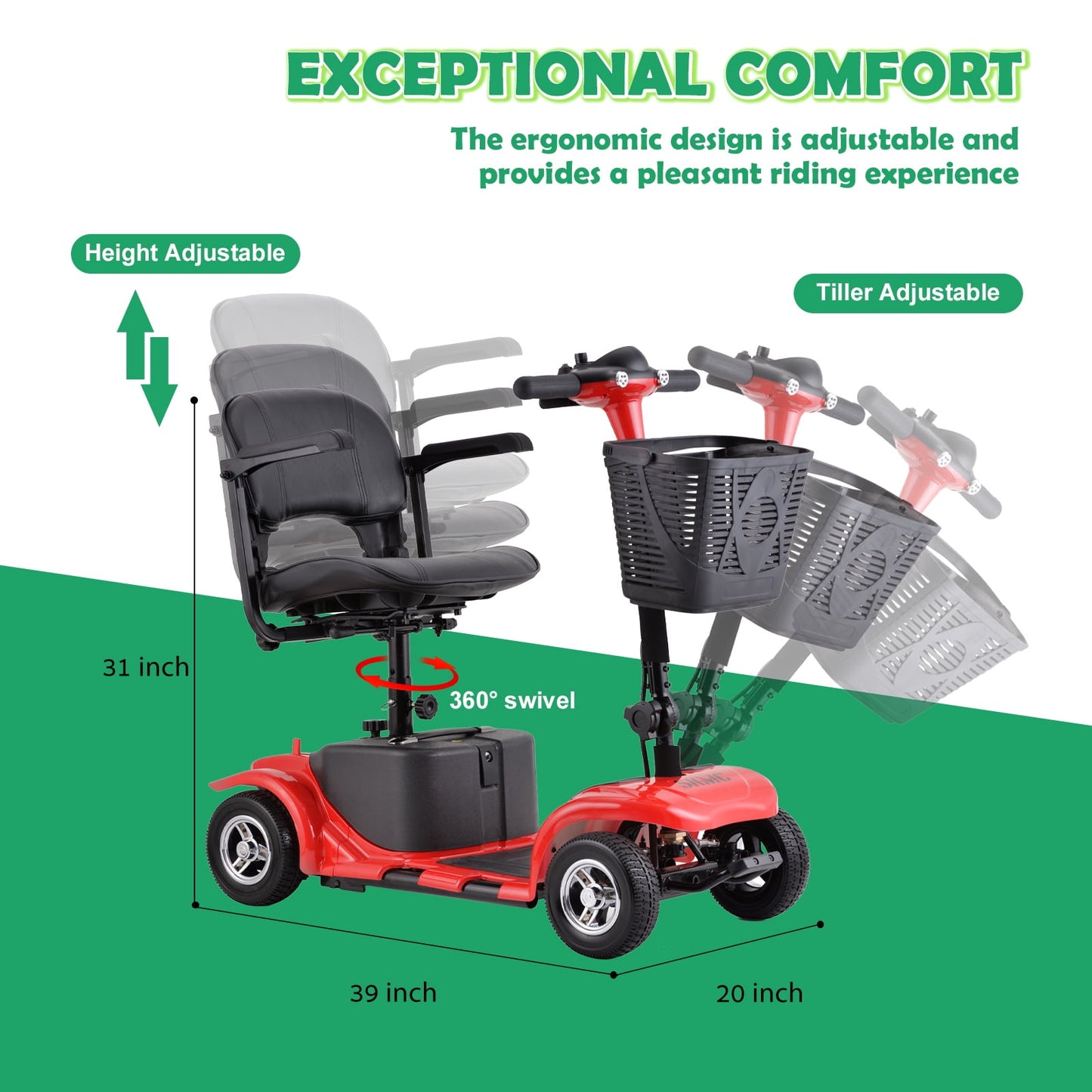 Aoemoe 4 Wheels Mobility Scooter for Adults, Senior Electric Powered Chargeable Device for Travel, Lightweight and Portable, with LED Headlights and Basket, Charger Included (RED)