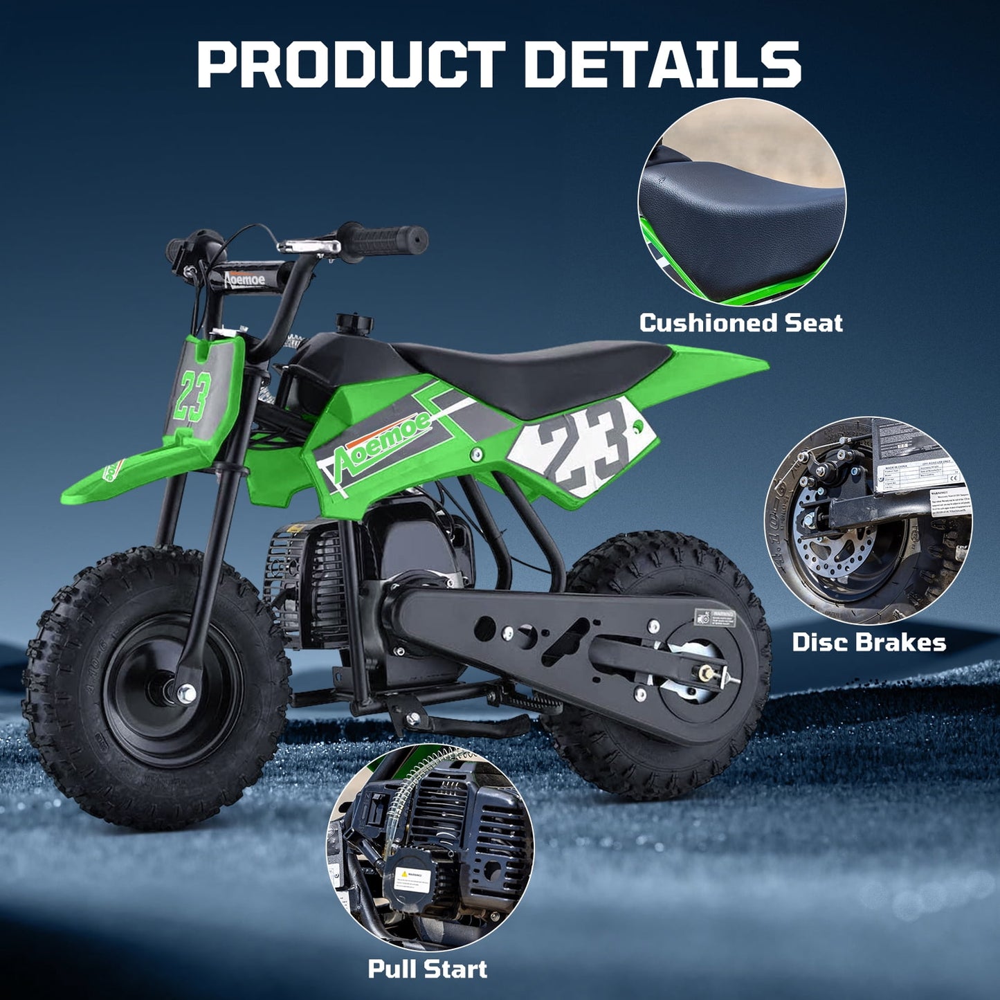 Aoemoe 49cc Kids Dirt Bike Gas Powered, Mini Off-Road Motorcycle with Suspension & Disc Brakes, 18 Mph, 160 Lbs Capacity, Green