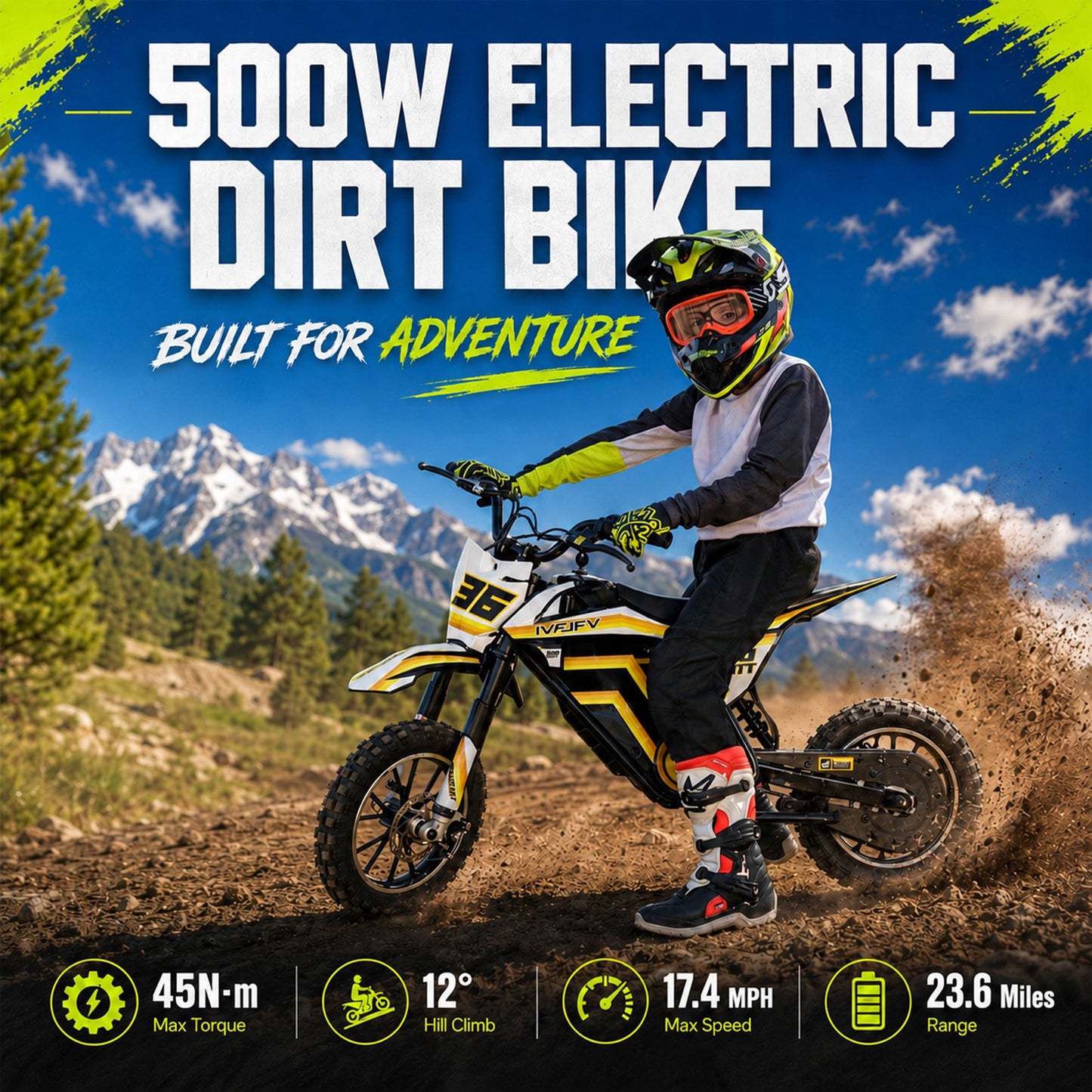 IVFJFV 500W Electric Dirt Bike for Kids,Up to 17.4MPH & 23.6 Miles,Two Speed Modes, Front & Rear Suspension,Mechanical Disc Brakes, 165 LBS,Beginner-Friendly Handle, All-Terrain,YELLOW