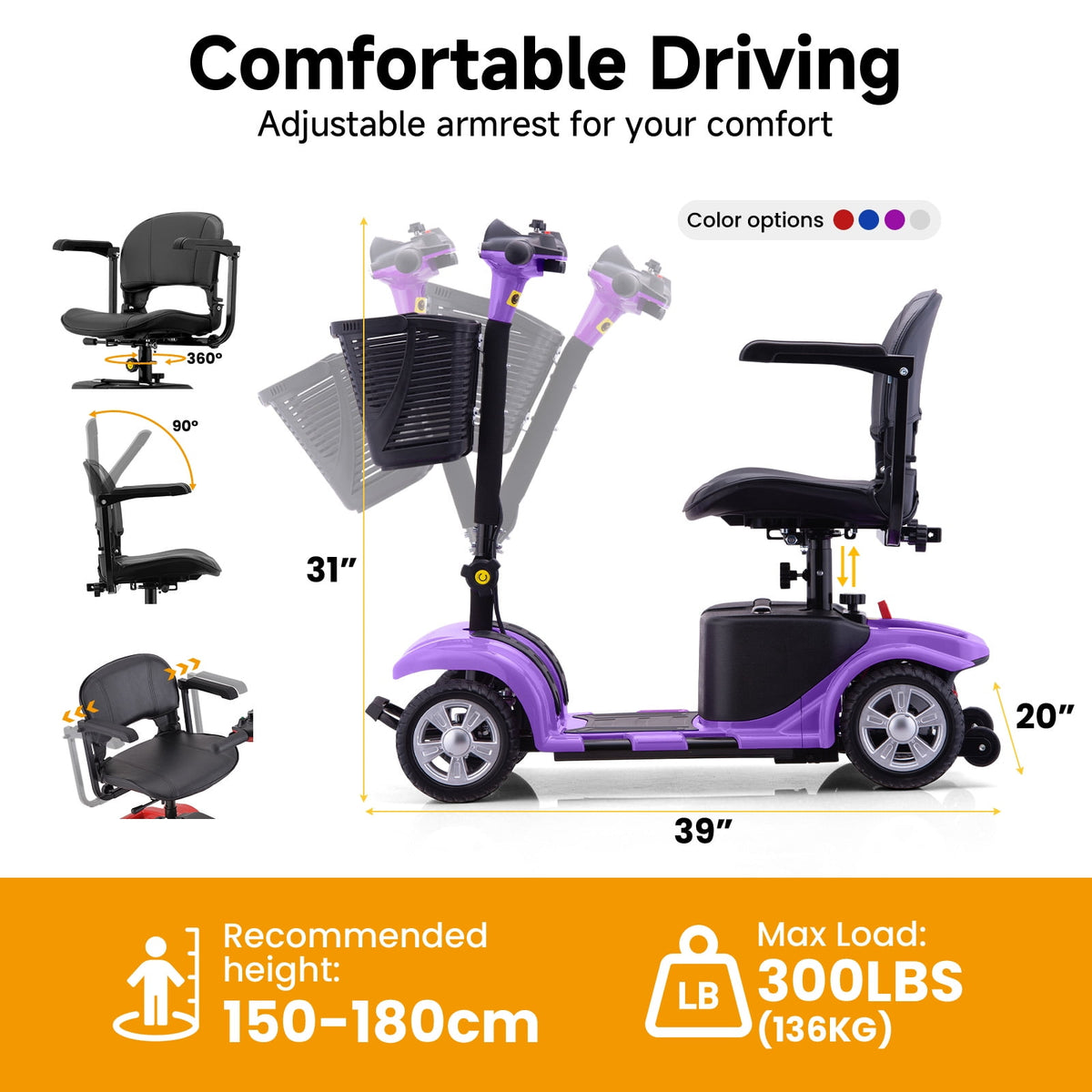 Ostrina Mobility Scooter for Seniors,300lbs Powered Wheelchair,Purple