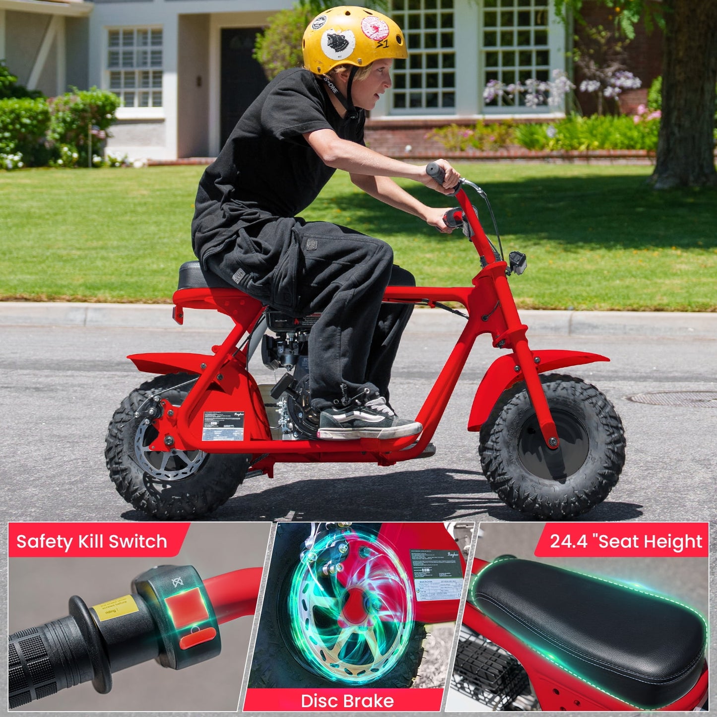QEASET 99cc Mini Bike Gas Powered, 4-Stroke with LED Headlight, Red