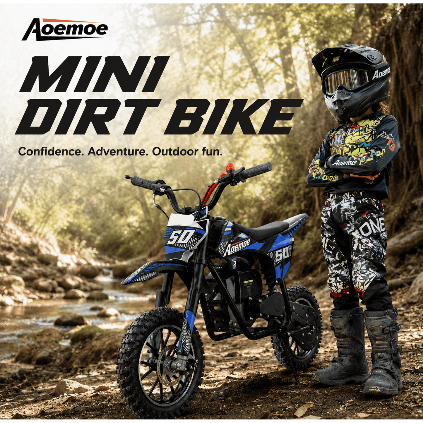Aoemoe 39cc motor bike, 20mph gas dirt bikes for boys 8 12, Disc Brakes, Max Load 165Lbs, kids dirt bike, Blue