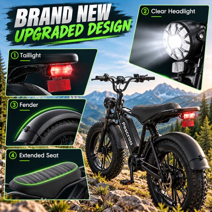 Pescroa Electric Bike for Adults, 750W Motor, 20"x4" Fat Tire, 28MPH Pedal-Assist Mode, E Mountain Bike, 48V/15AH , Tested to UL2849 Standard by SGS