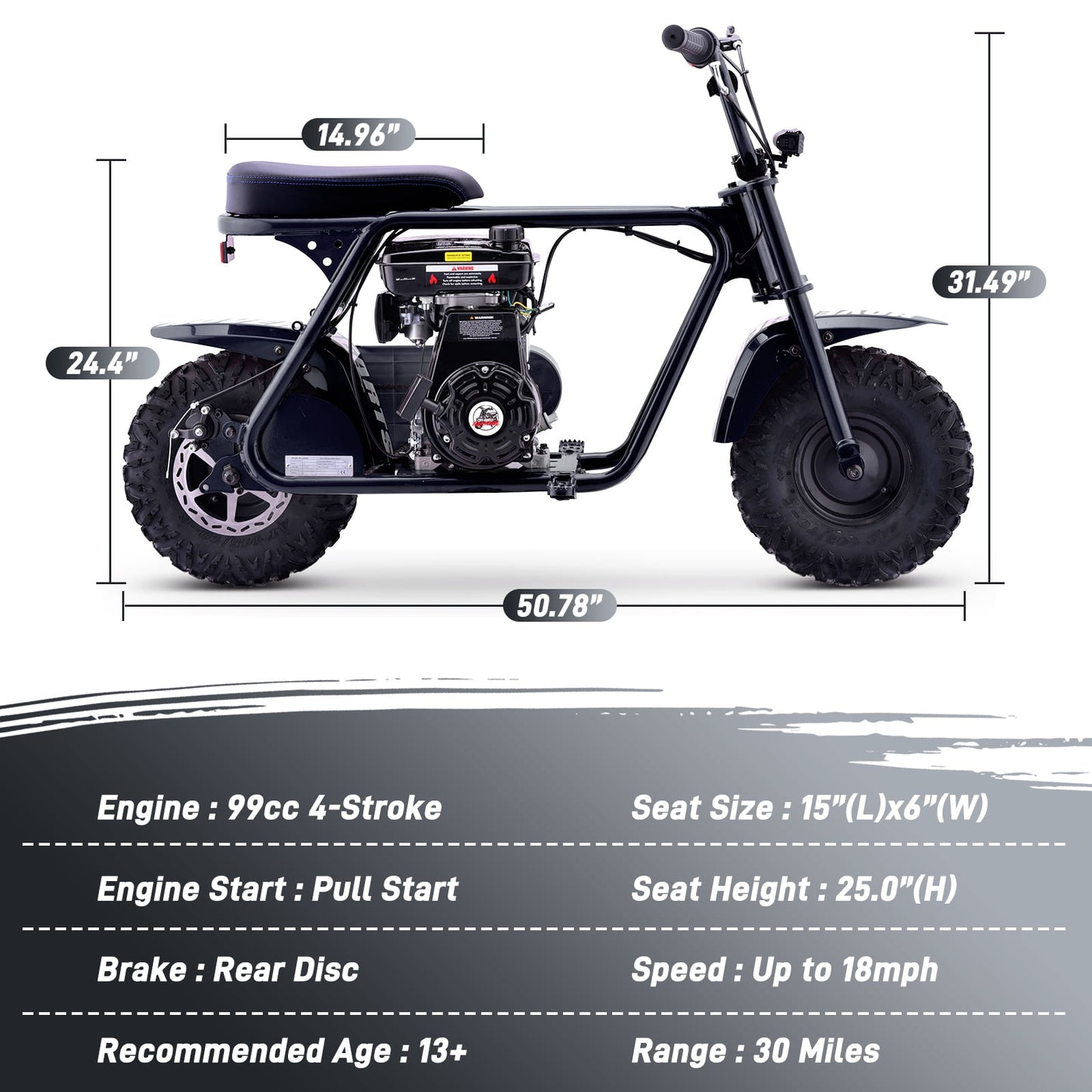 Aoemoe 99CC MB001 Gasoline Mini Dirt Bike,4-Stroke 18MPH Off Road Motorcycle, Weight Support Up to 165 LBS - Black