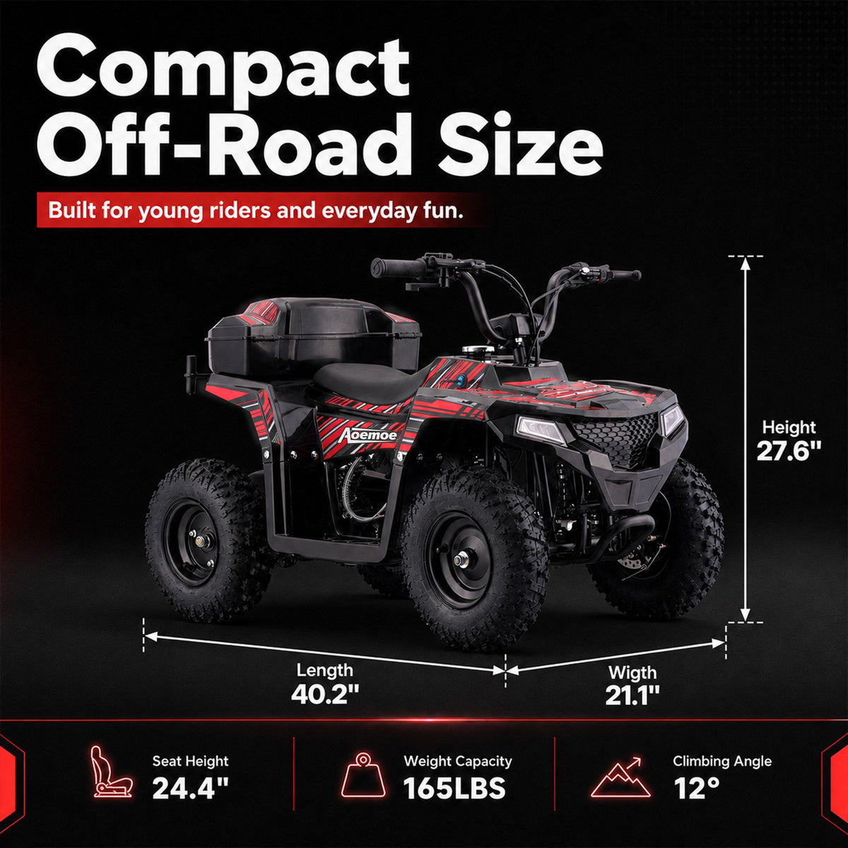Aoemoe 40cc 4-Stroke Youth Ride-On for Ages 13+, Fuel Powered Pull Start with Front & Rear Disc Brakes, Adjustable Top Speed Up to 15 MPH, Safety Flag & Parental Speed Control, Red
