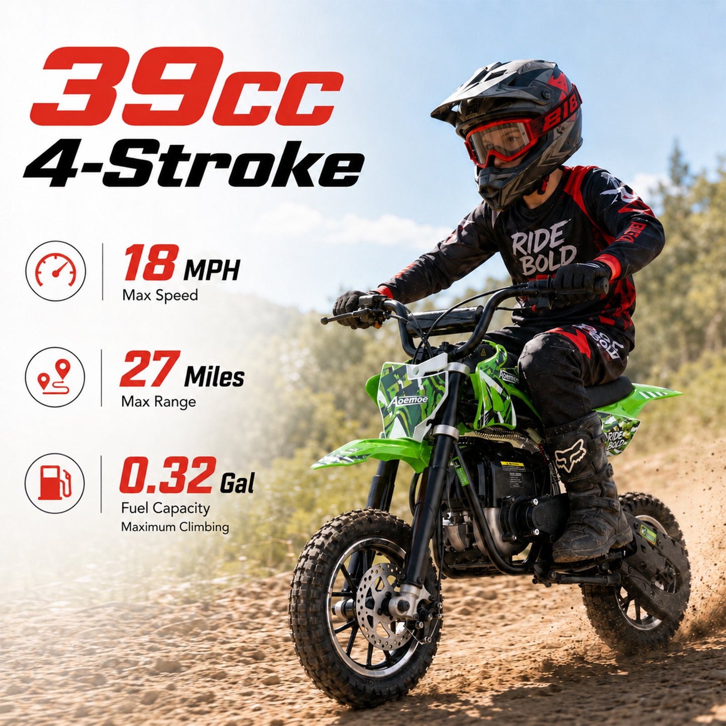 Aoemoe dirt bicycles, 39cc gas power motorcycle, 45×24×16in , 4-Stroke, dirt bicycles for kid 8 14, Green