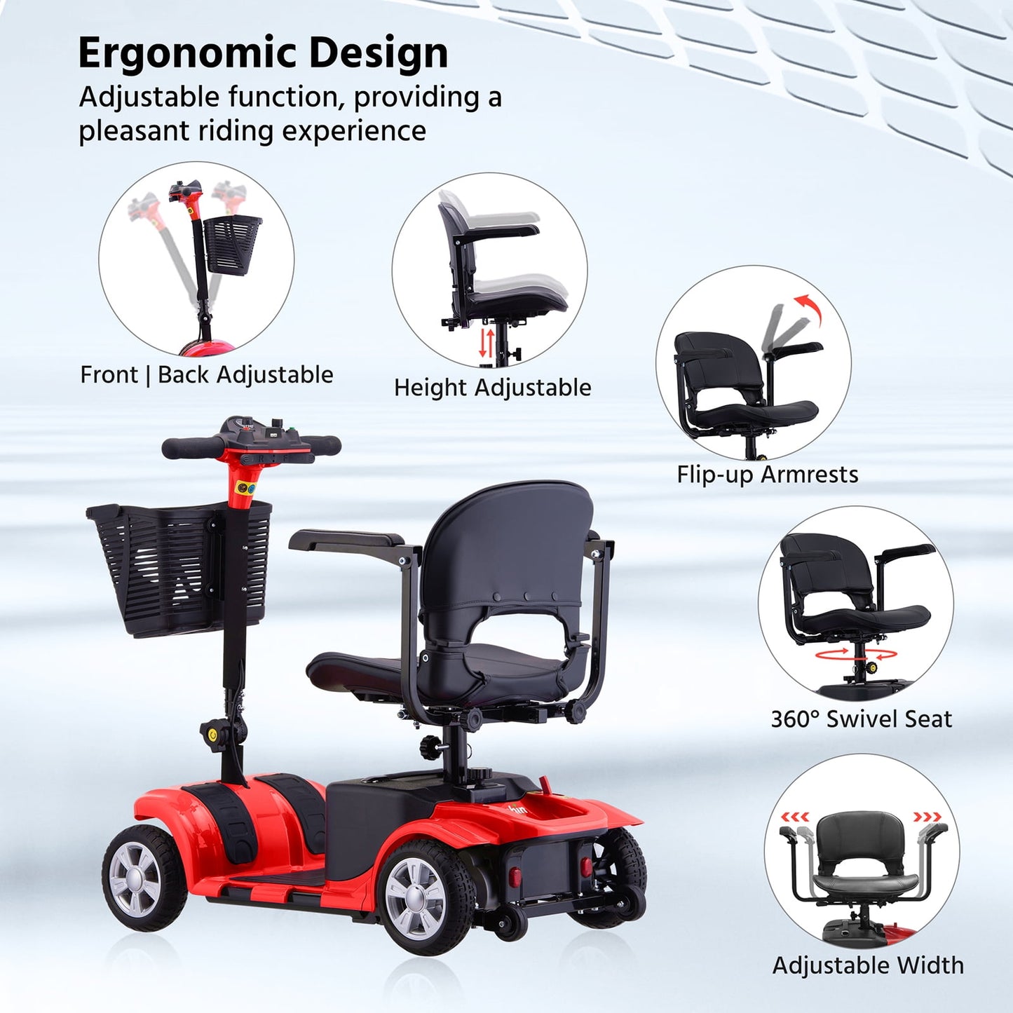 Upgrade 4 Wheels Mobility Scooters for Seniors & Adult,Foldable Electric Wheelchair for Adult,All Terrain Motorized Scooters with 300 LBS,Long Travel Range,Basket,Rotating Seat,Red