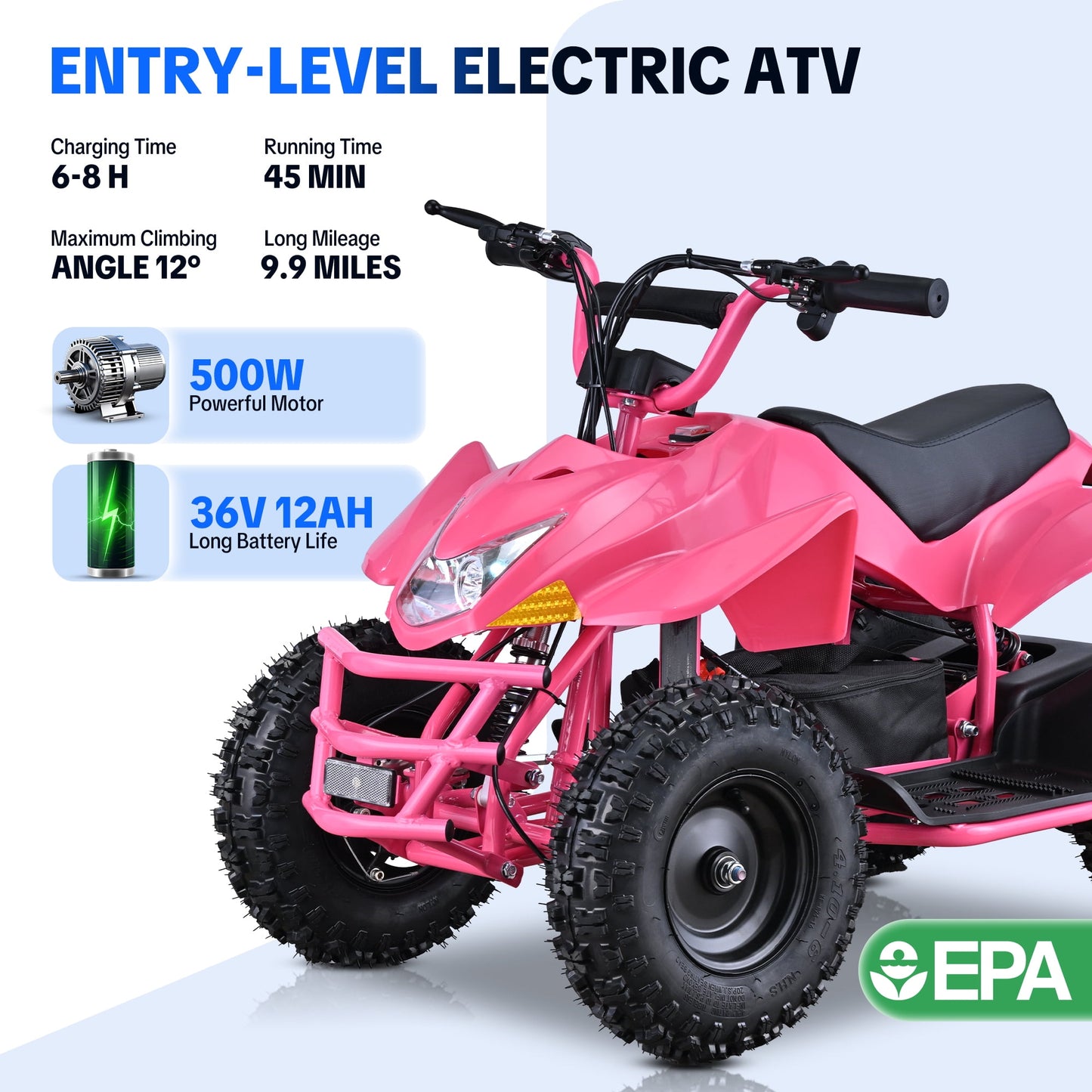 QEASET 500W Sport Ride – 15 mph Speed, 36V Battery, 45–60 Min Run Time, Pink