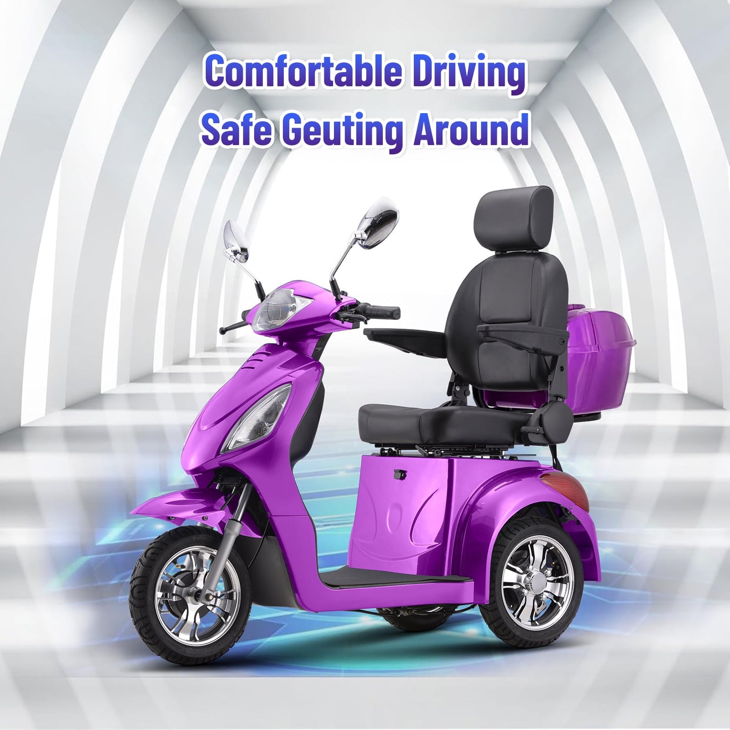 Aoemoe Electric Heavy Duty Mobility Scooters, Large 3-Wheels Wheelchair Device, 500 LBS Capacity for Seniors & Adults, Speed Adjust, Remote Key, Ship Fully Assembled and Ready to Ride (Purple)