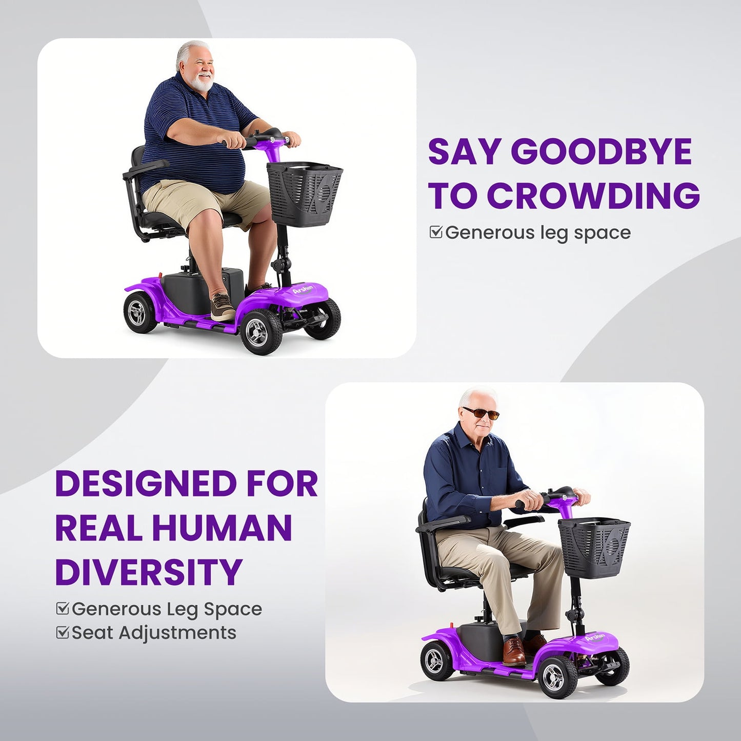 Arshin Mobility Scooter,4 Wheel Mobility Scooter for Adults,Senior,Electric Powered Wheelchair Chargeable Device for Travel,Purple