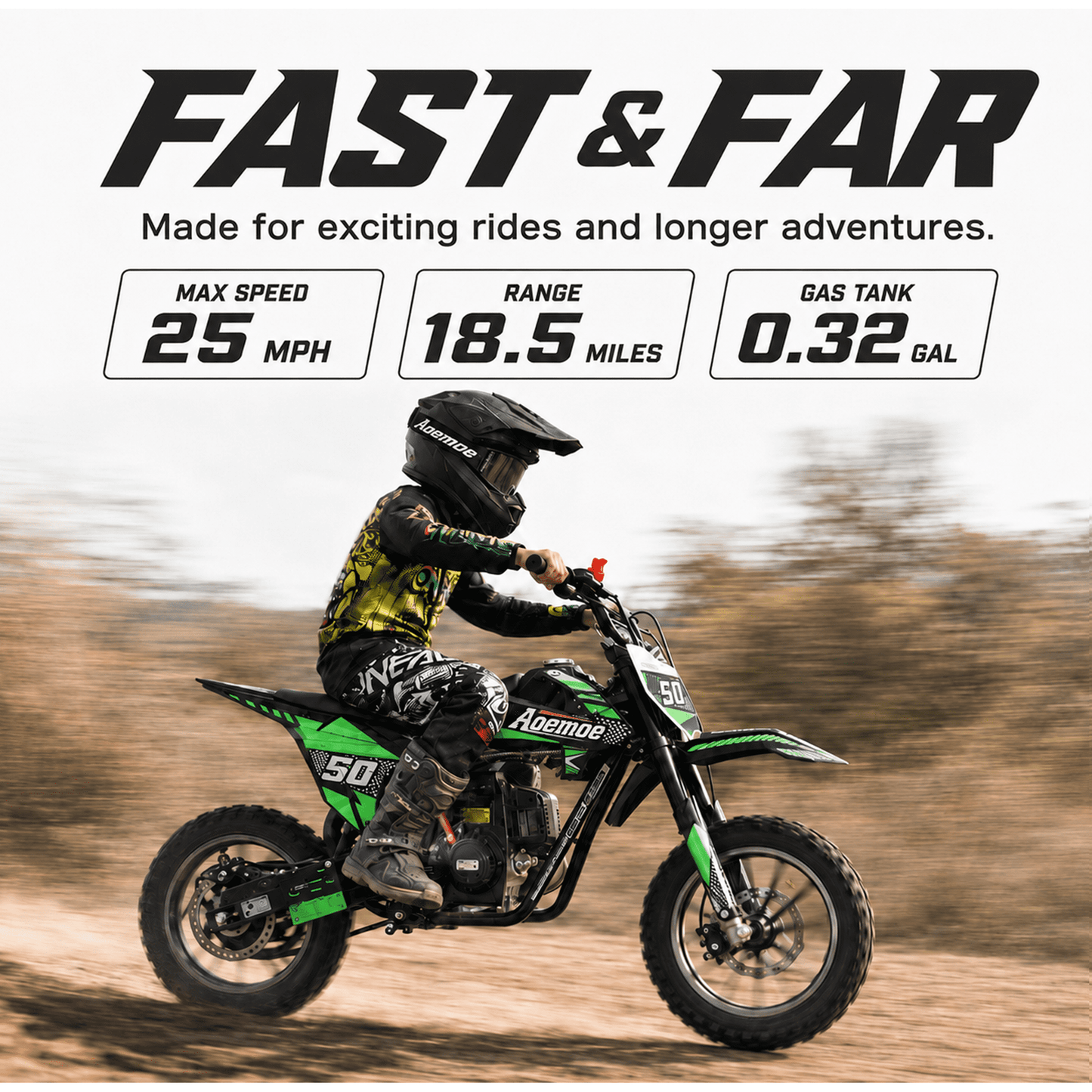 Aoemoe 39cc motor bike, 20mph gas dirt bikes for boys 8 12, Disc Brakes, Max Load 165Lbs, kids dirt bike, Green