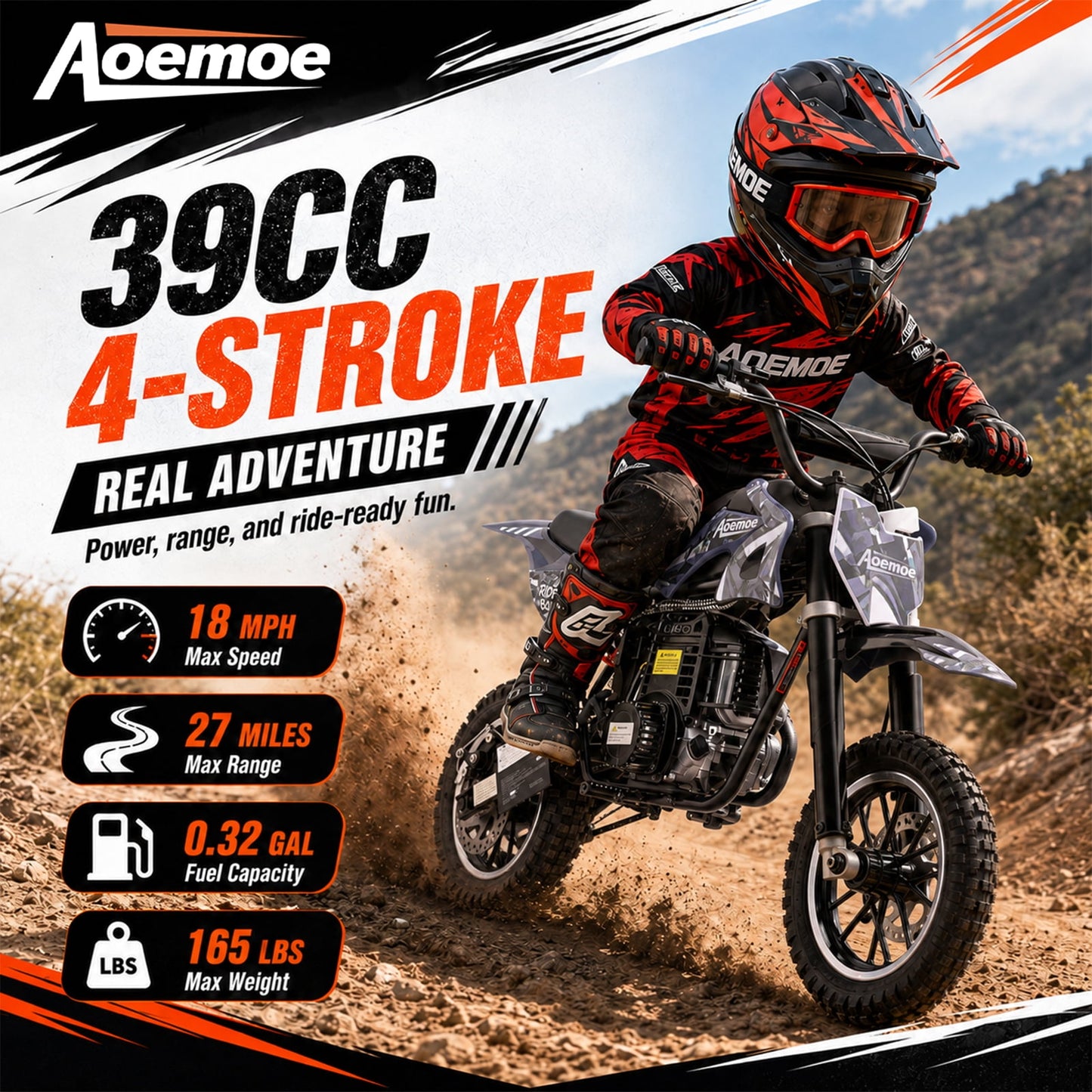 Aoemoe 49cc Kids Dirt Bike, Gasoline Powered 2-Stroke Mini Motorcycle, 1-Seater, Black