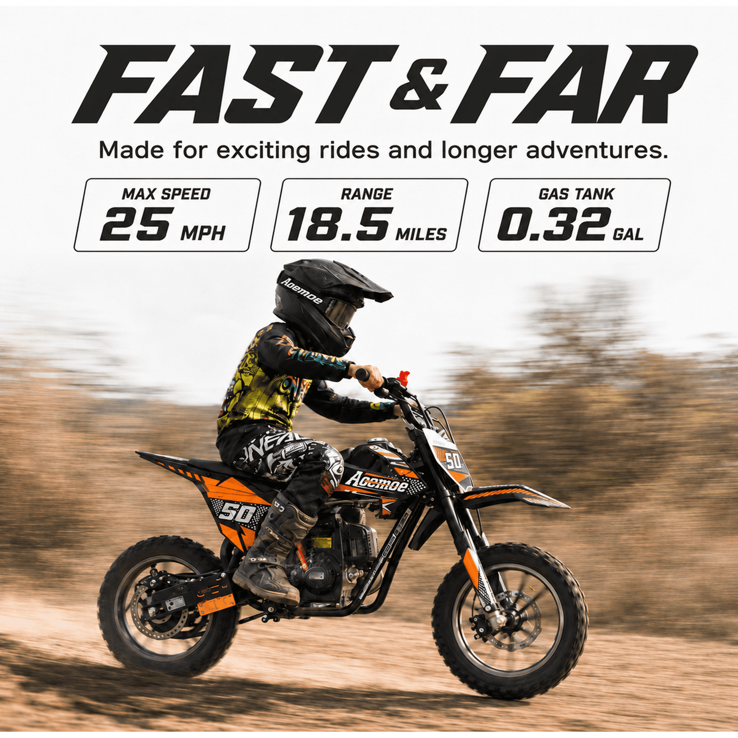 Aoemoe 39cc motor bike, 20mph gas dirt bikes for boys 8 12, Disc Brakes, Max Load 165Lbs, kids dirt bike, Orange