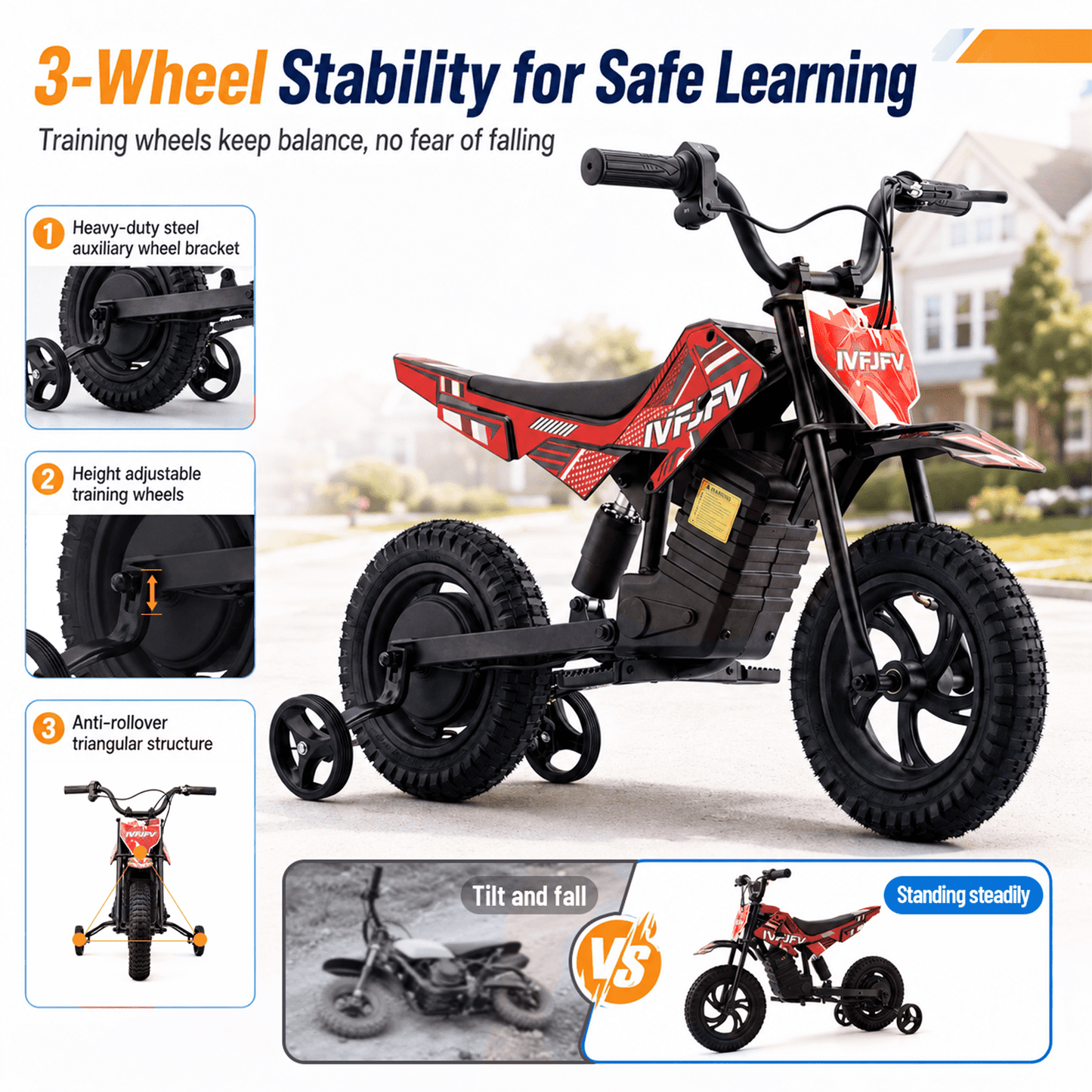IVFJFV Electric Dirt Bike,up to 6.21 mph, 24V Electric Dirt Bike with Removable Training Wheels for Child 8+,Red