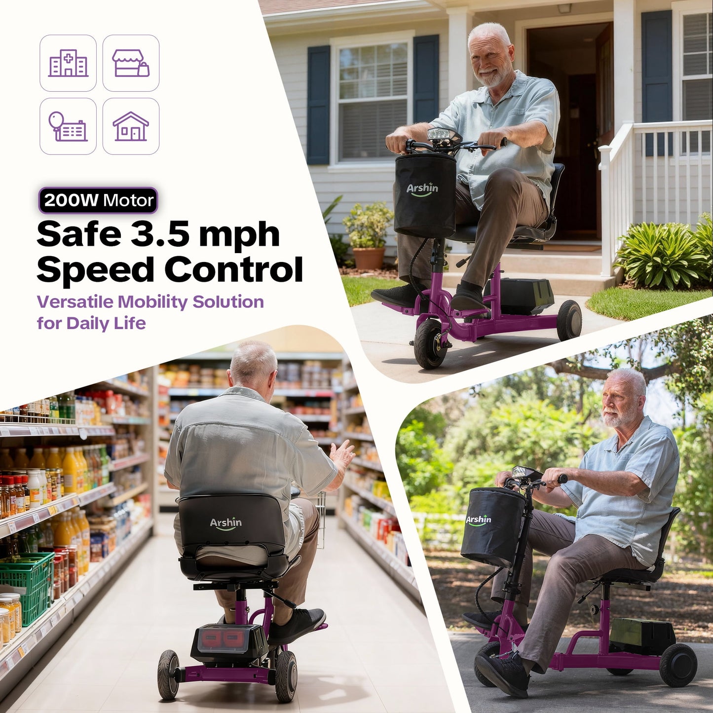 Upgrade Mobility Scooter Lightweight Foldable,All Terrain Mobility Scooters for Seniors & Adults,Arshin 300lbs Mobility Aids for Elderly,2 Batteries,Variable Speed(Purple)