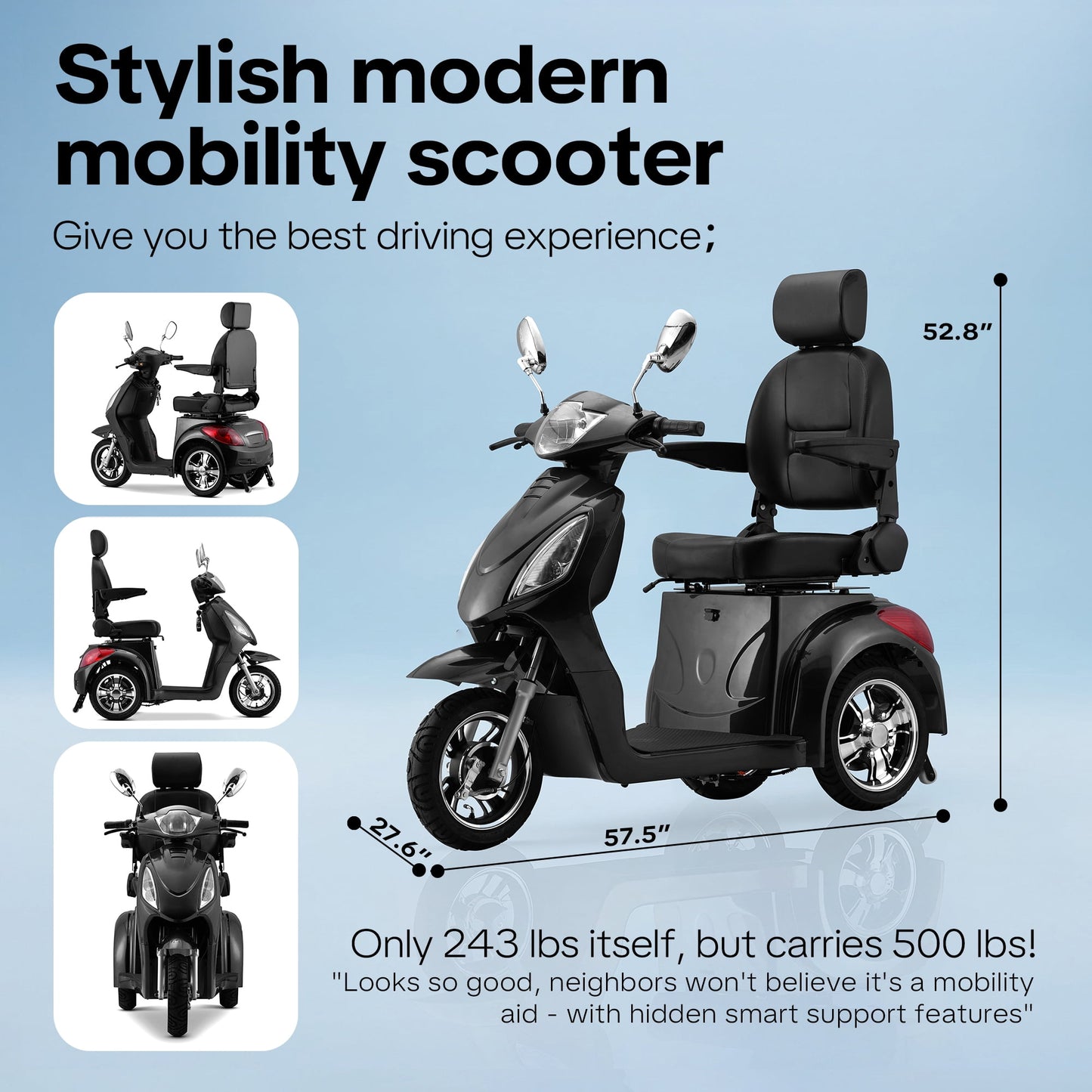 Heavy Duty 3 Wheel Mobility Scooters for Seniors & Adults 500lbs Capacity,Arshin Electric Powered Wheelchair Device,800W All Terrain Fast Mobility Scooter,31 Miles Long Range Battery(Black)