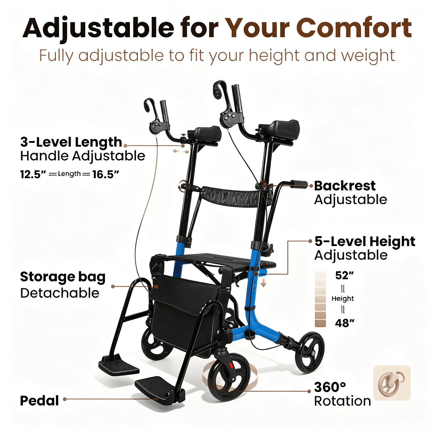 Arshin Foldable Rollator Walker with Seat for Seniors–450 lbs Heavy-Duty Support,Lightweight 19 lbs,10" All-Terrain Wheels for Indoor & Outdoor Use,Adjustable Handles,Compact Fold(Blue)