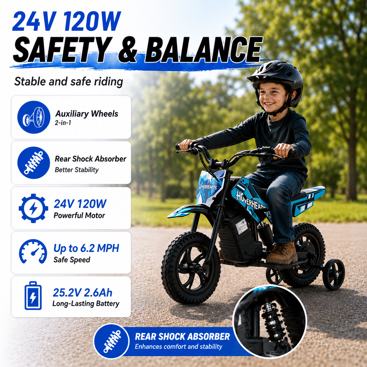 Aoemoe Electric Ride On Mini Bike for Beginners, 25.2V 2.6Ah Battery, Training Wheels & Rear Shock, 6.2 MPH Max Speed, All-Terrain Outdoor Toy, Teal Blue