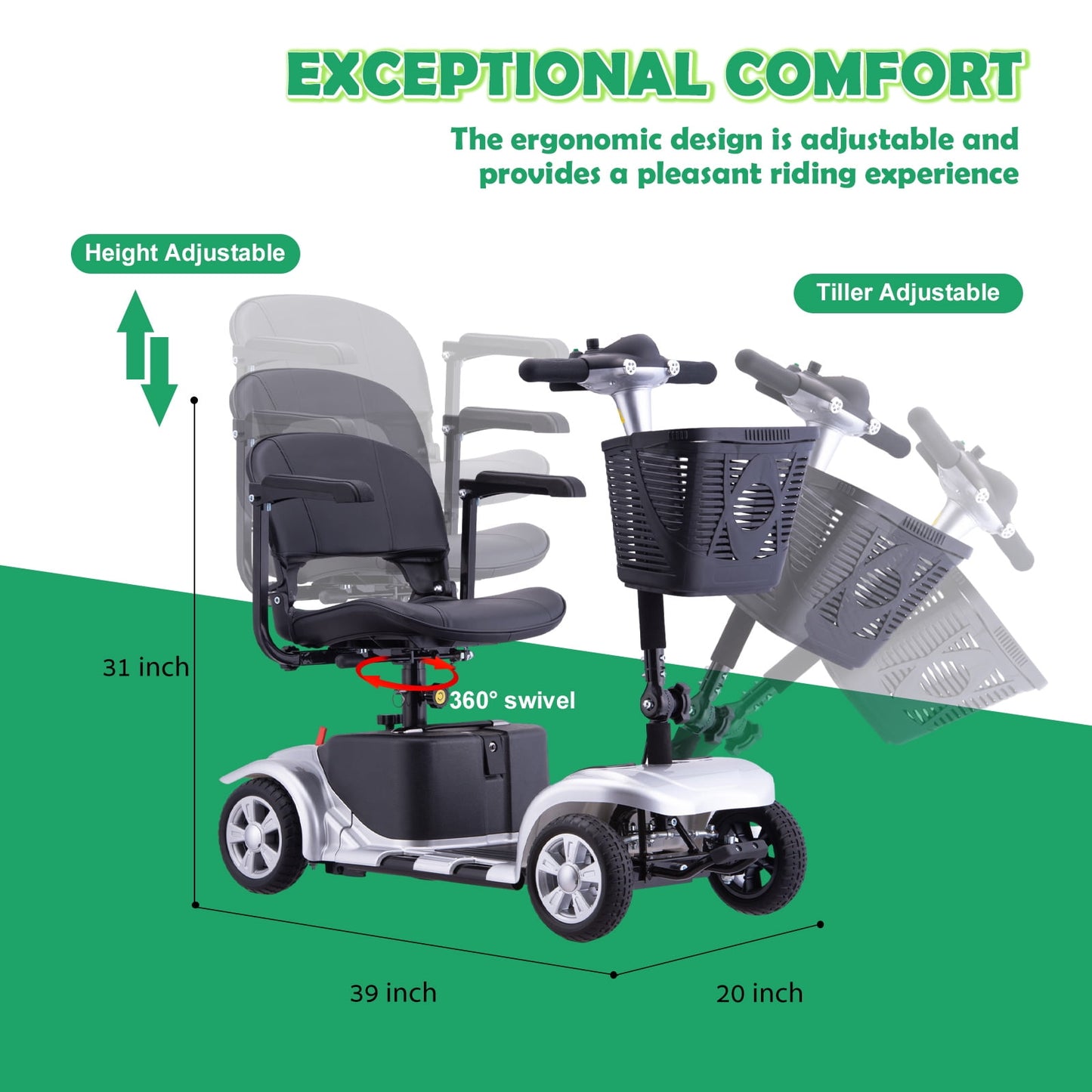 Aoemoe 4 Wheels Mobility Scooter for Adults, Senior Electric Powered Chargeable Device for Travel, Lightweight and Portable, with LED Headlights and Basket, Charger Included (Silver)