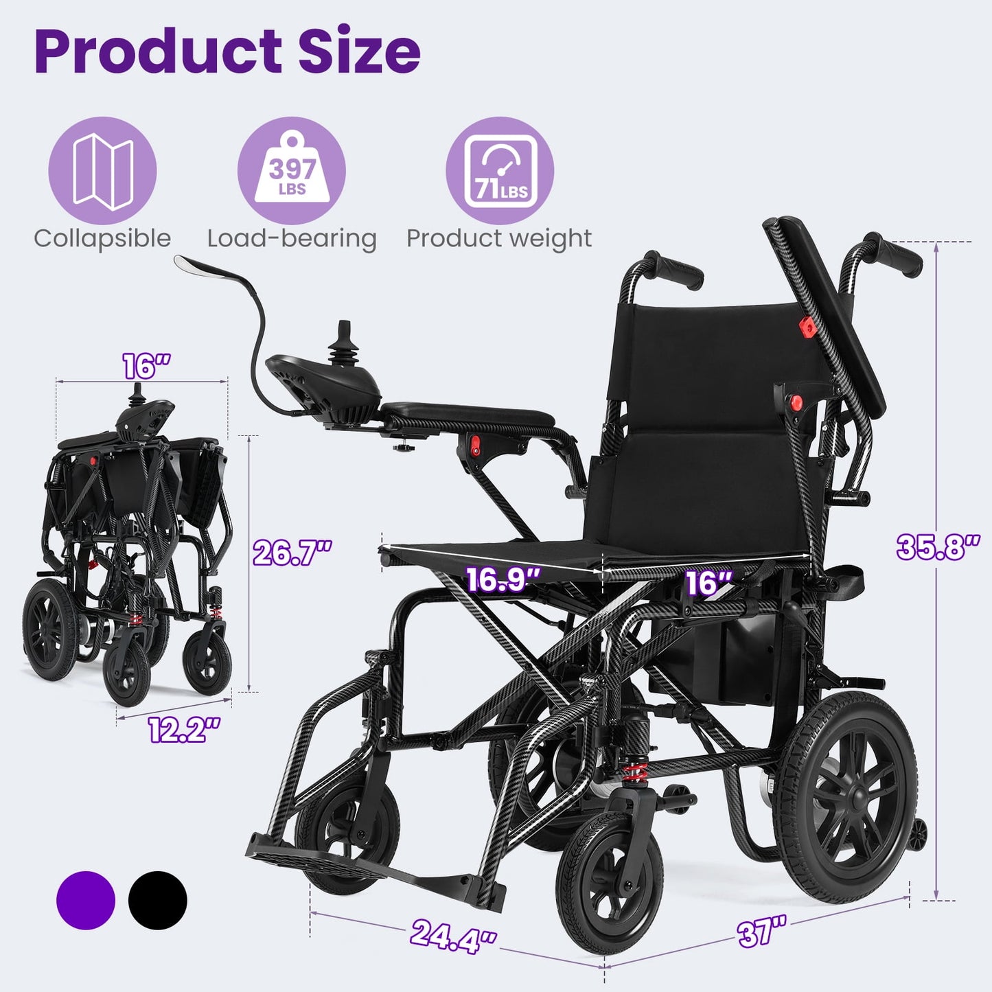 Arshin Electric Wheelchairs for Adults,400W Dual Motors Silent Motorized Wheelchair for Seniors,360°Joystick and 15+ miles Range All Terrain,Lightweight Foldable,397 lbs Capacity(Black)