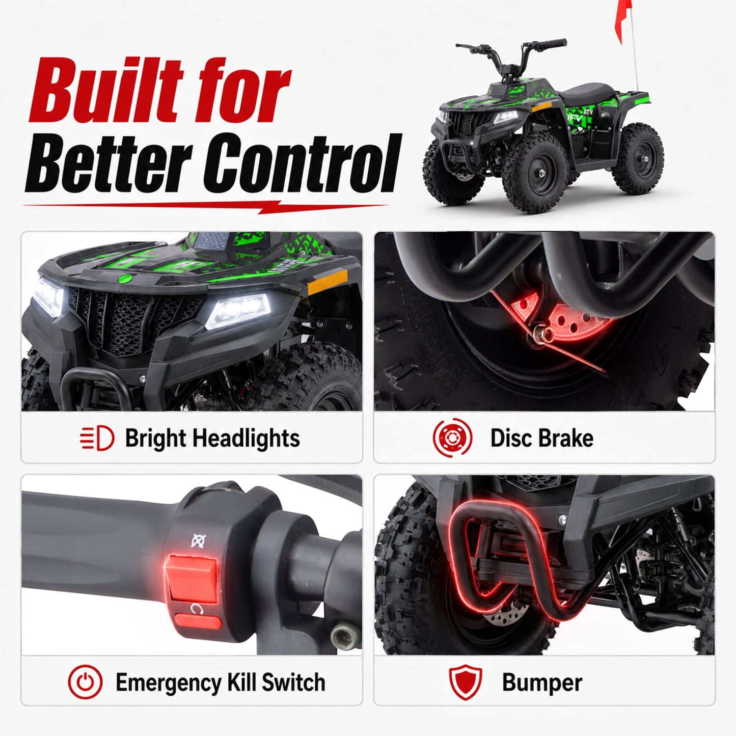36V Electric Four Wheeler,IVFJFV 500W Four Wheel with Disc Brake Off-Road Ride On Vehicle, Dual Speed Lock &Dual Speed 10mph Low /15mph High All Terrain Ride On Vehicle for Teen Riders,GREEN
