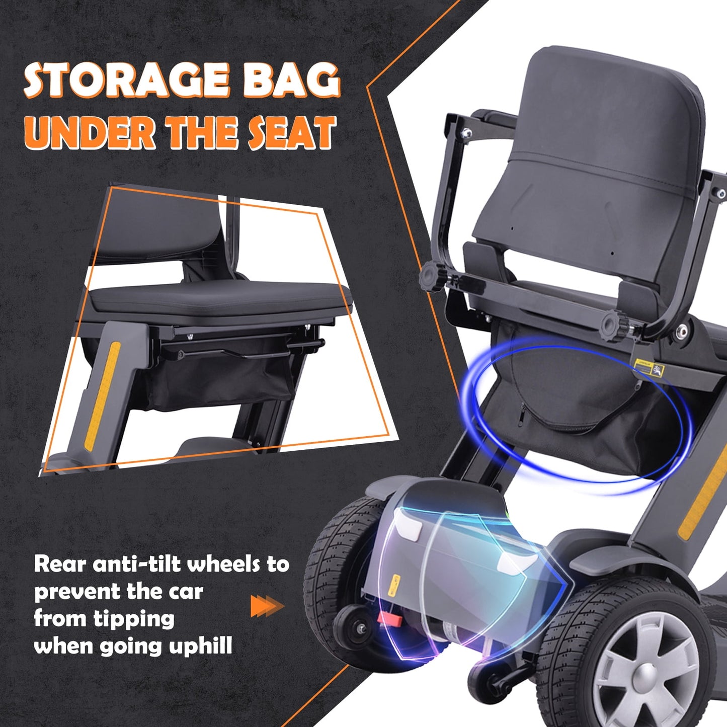 QEASET Foldable Mobility Scooter for Adults & Senior, 4 Wheels Powered Device for Travel, Lightweight and Portable, with LED Strip Light, Storage Bag, Charger Included, No Assemble Required, Grey