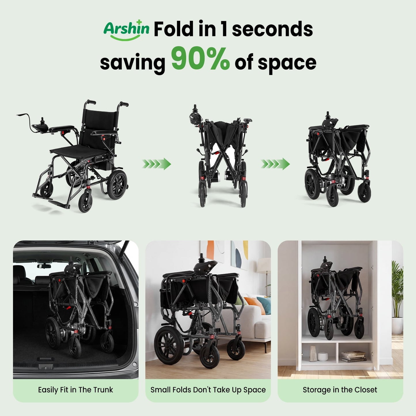 Arshin Electric Wheelchair Lightweight Foldable,20+ Miles Electric Wheelchairs for Adults,360°Joystick Motorized Wheelchair,286+ lbs Capacity,Black