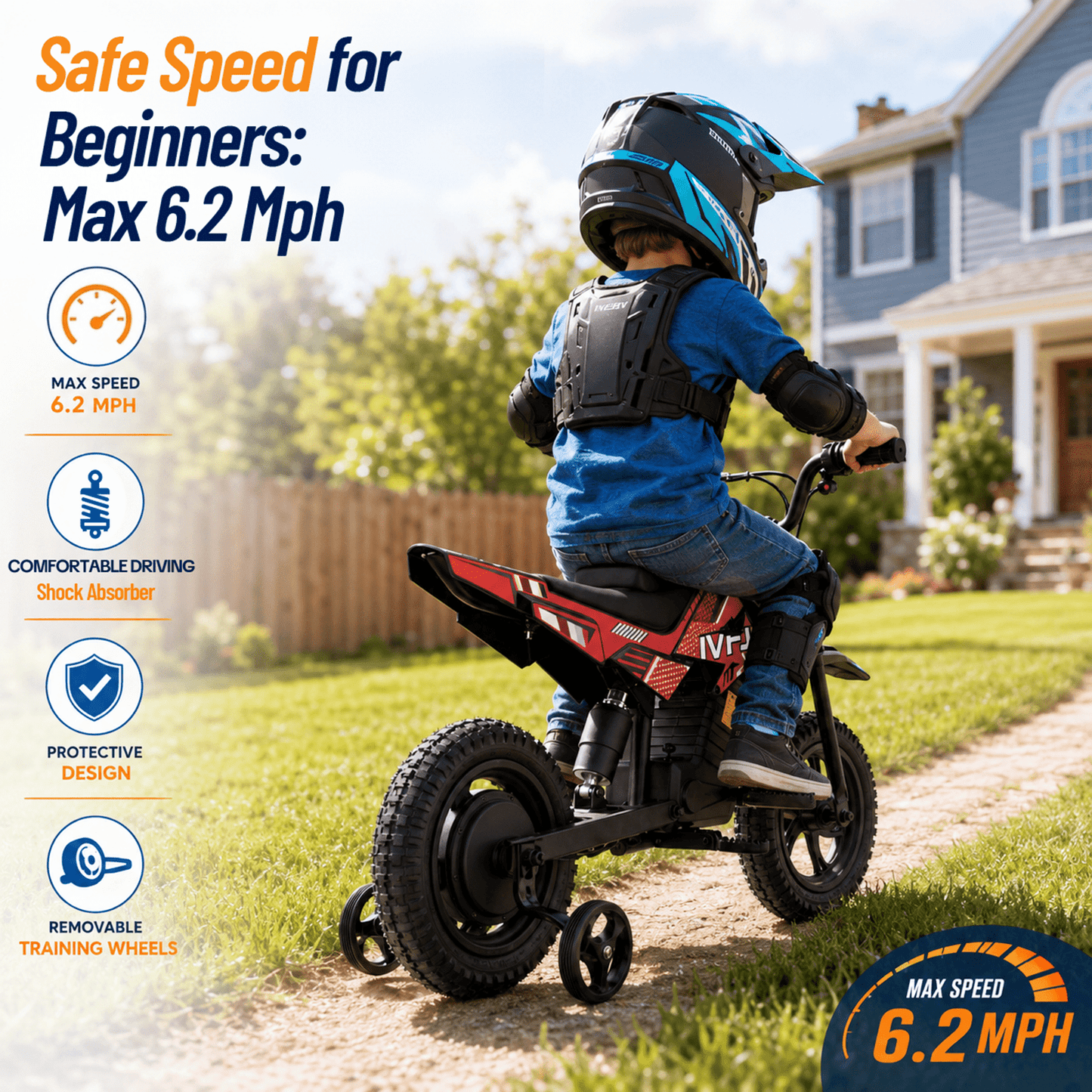IVFJFV Electric Dirt Bike,up to 6.21 mph, 24V Electric Dirt Bike with Removable Training Wheels for Child 8+,Red