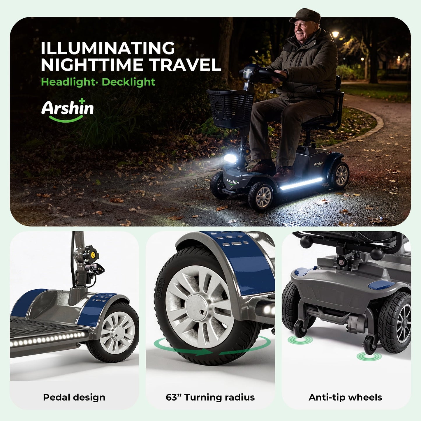 Arshin 4-Wheel Mobility Scooter for Seniors,Easy-to-Use,Foldable & Lightweight,300lbs,Blue