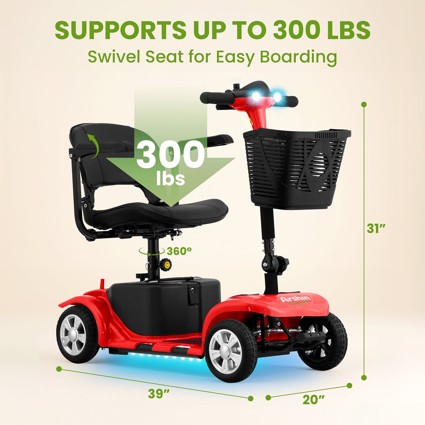 Arshin Mobility Scooters for Seniors,4 Wheels Outdoor Mobility Scooters Lightweight and Portable,180W 24V Electric Mobility Scooters with High-Power Motor,Suitable for Travel,Adults,Elderly(Red)