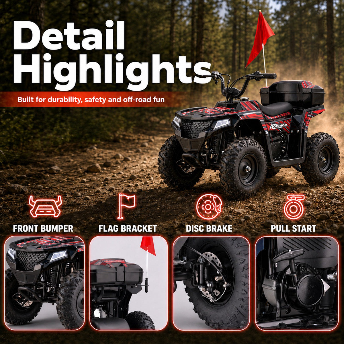 Aoemoe 40cc 4-Stroke Youth Ride-On for Ages 13+, Fuel Powered Pull Start with Front & Rear Disc Brakes, Adjustable Top Speed Up to 15 MPH, Safety Flag & Parental Speed Control, Red