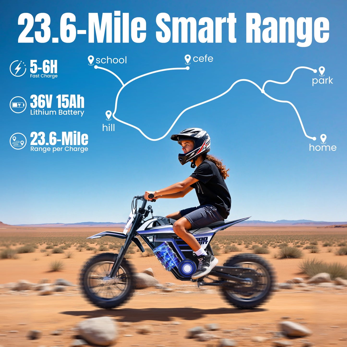 36V Electric Dirt Bike for Kids,IVFJFV 500W Kids Electric Dirt Bike, All Terrain Off-Road E Dirt Bike with Front & Rear Disc Brakes,Dual Speed Mode Max 17.4 MPH,23.6 Miles Long Range,BLUE
