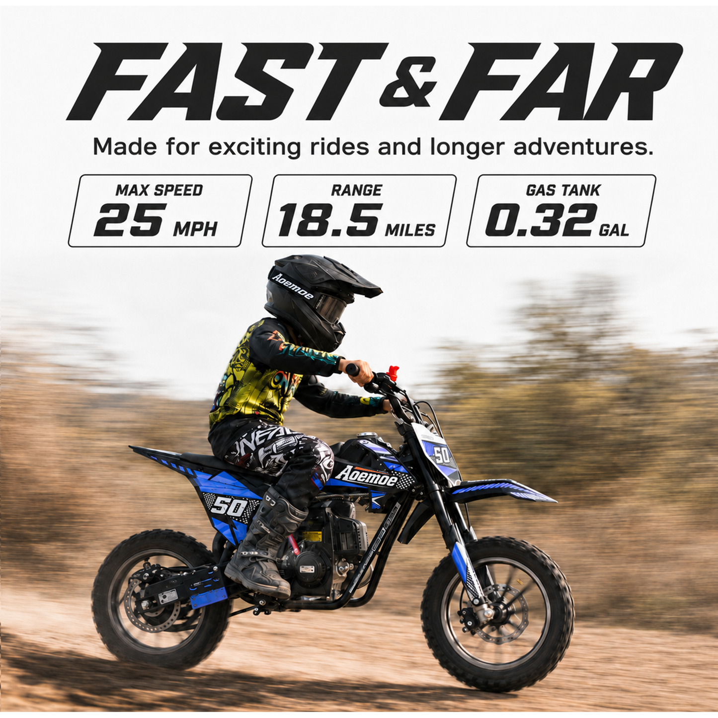 Aoemoe 39cc motor bike, 20mph gas dirt bikes for boys 8 12, Disc Brakes, Max Load 165Lbs, kids dirt bike, Blue