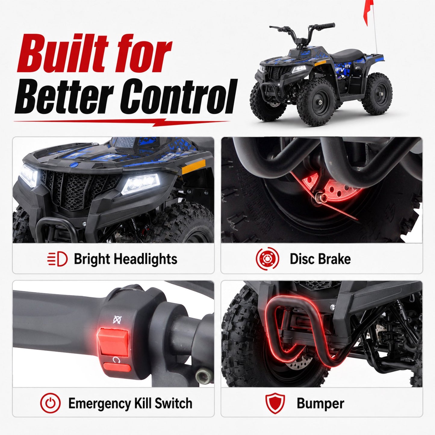 36V Electric Four Wheeler,IVFJFV 500W Four Wheel with Disc Brake Off-Road Ride On Vehicle, Dual Speed Lock &Dual Speed 10mph Low /15mph High All Terrain Ride On Vehicle for Teen Riders,BLUE