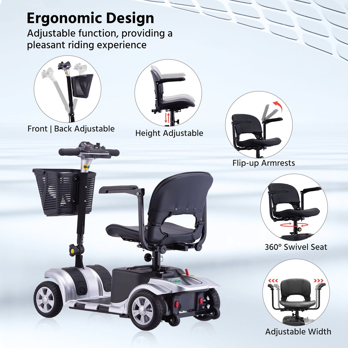 Arshin Upgrade 4 Wheels Mobility Scooters for Seniors & Adult,All Terrain Motorized Scooters with 300 lbs,Silver