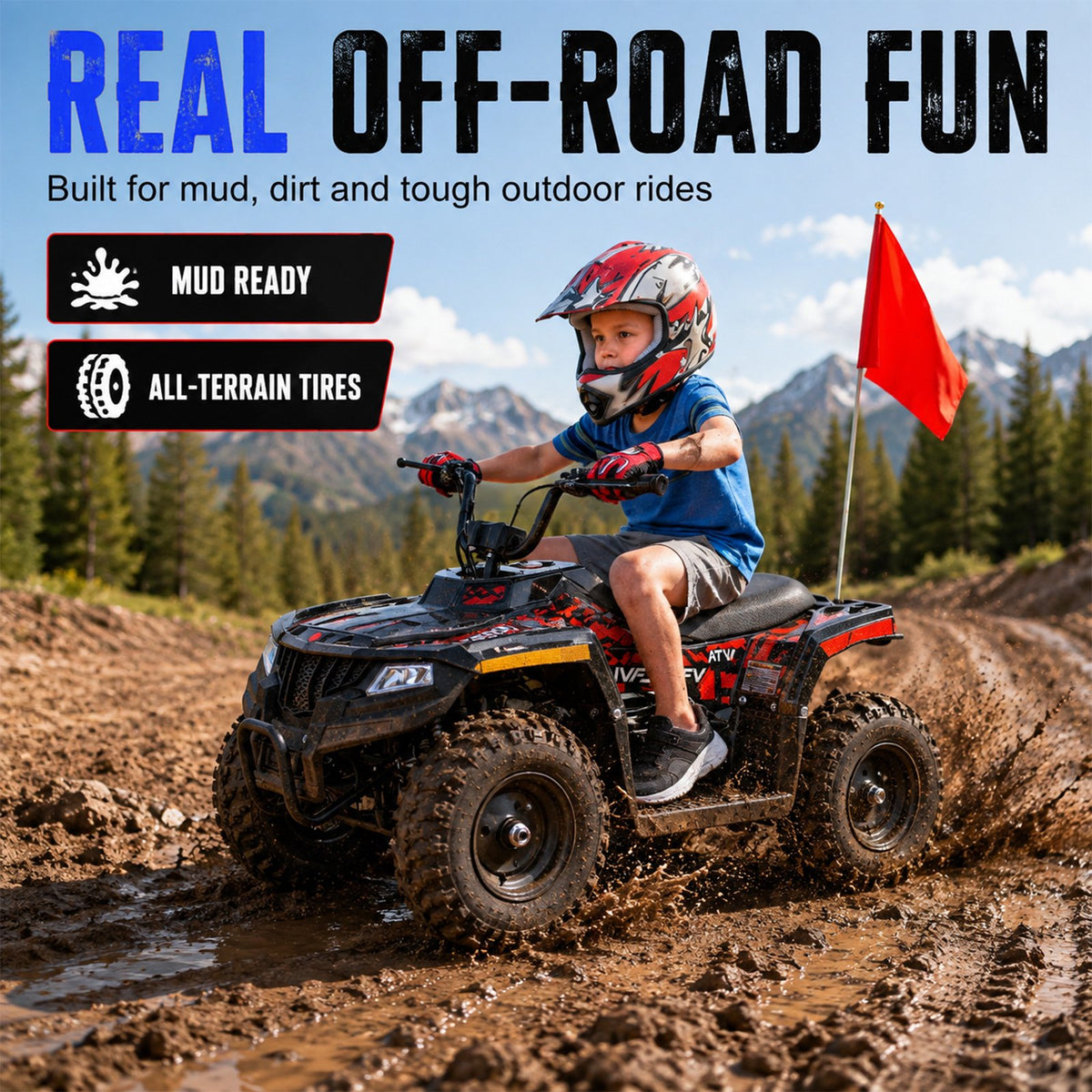 36V Electric 500W Motor 4-Wheeler with Front & Rear Suspension, IVFJFV Electric 4-wheel Off-Road Tires & Safety Flag & LED Headlights,Power Ride on Car for 13+