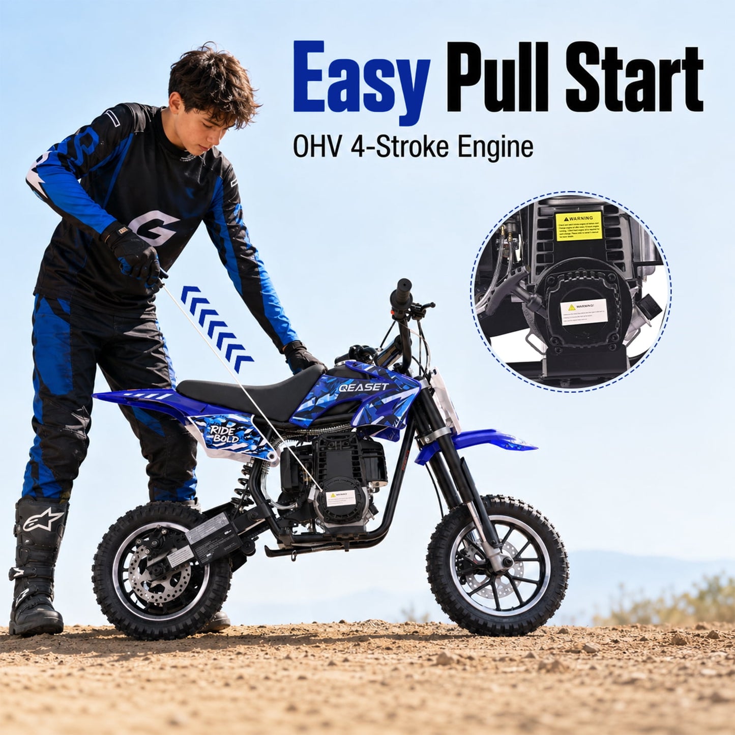QEASET Mini Bicycles Ride-On Toy, 39cc 4-Stroke Gas Powered Off-Road Motorcycle with Rear Suspension & Disc Brakes, 18 MPH Top Speed, Supports Up to 165 lbs, Blue