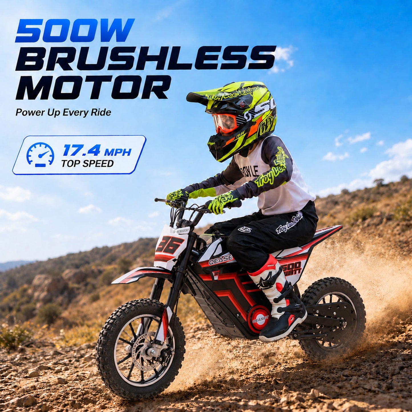 QEASET 36V Electric Dirt Bike, 500W Motorized Mini Dirt Bike with Dual Suspension, Disc Brakes, 17 MPH Max Speed, Electric Off-Road Motorcycle for Boys Girls Ages 8-14,Red