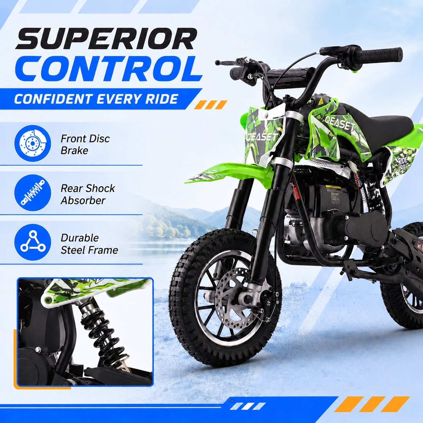 QEASET 39CC Dirt Bike, Mini Bike 4-Stroke Gas Powered off Road with Max Speed 20MPH, Pull Start