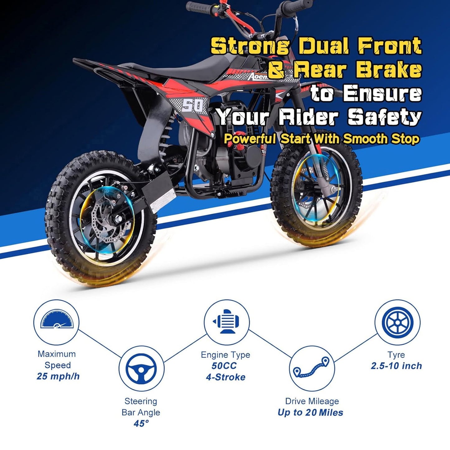 Aoemoe 39cc 4-Stroke Kids Mini Dirt Bike, Gas Powered, Rear Suspension & Disc Brakes, 20Mph/165Lbs,Red