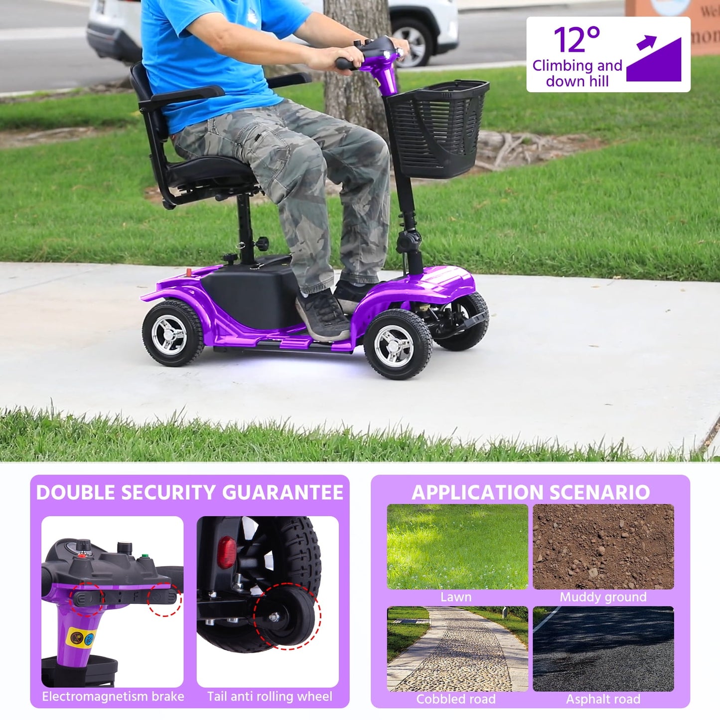Arshin 4 Wheels Mobility Scooter with USB Port for Seniors,Electric Folding Wheelchair Device for Travel,Purple
