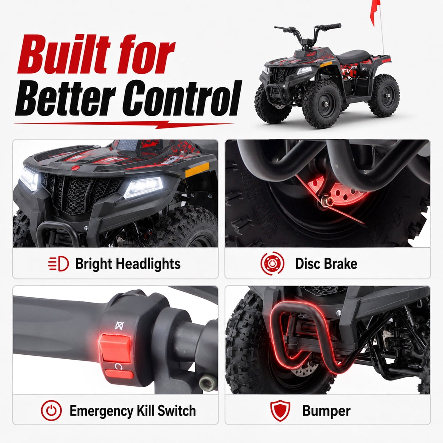 36V Electric Four Wheeler,IVFJFV 500W Four Wheel with Disc Brake Off-Road Ride On Vehicle, Dual Speed Lock &Dual Speed 10mph Low /15mph High All Terrain Ride On Vehicle for Teen Riders,RED
