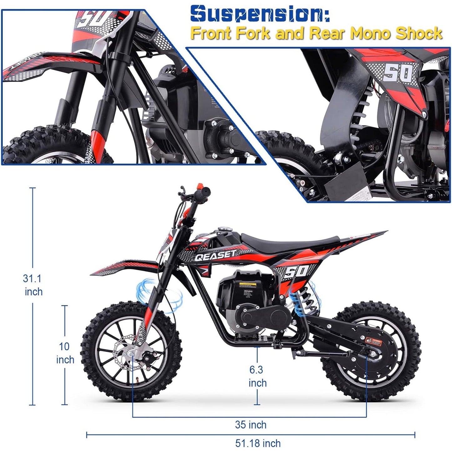 Gas Dirt Bike for Adults & Teens, 49CC 4-Stroke Gas Powered off Road(Red)