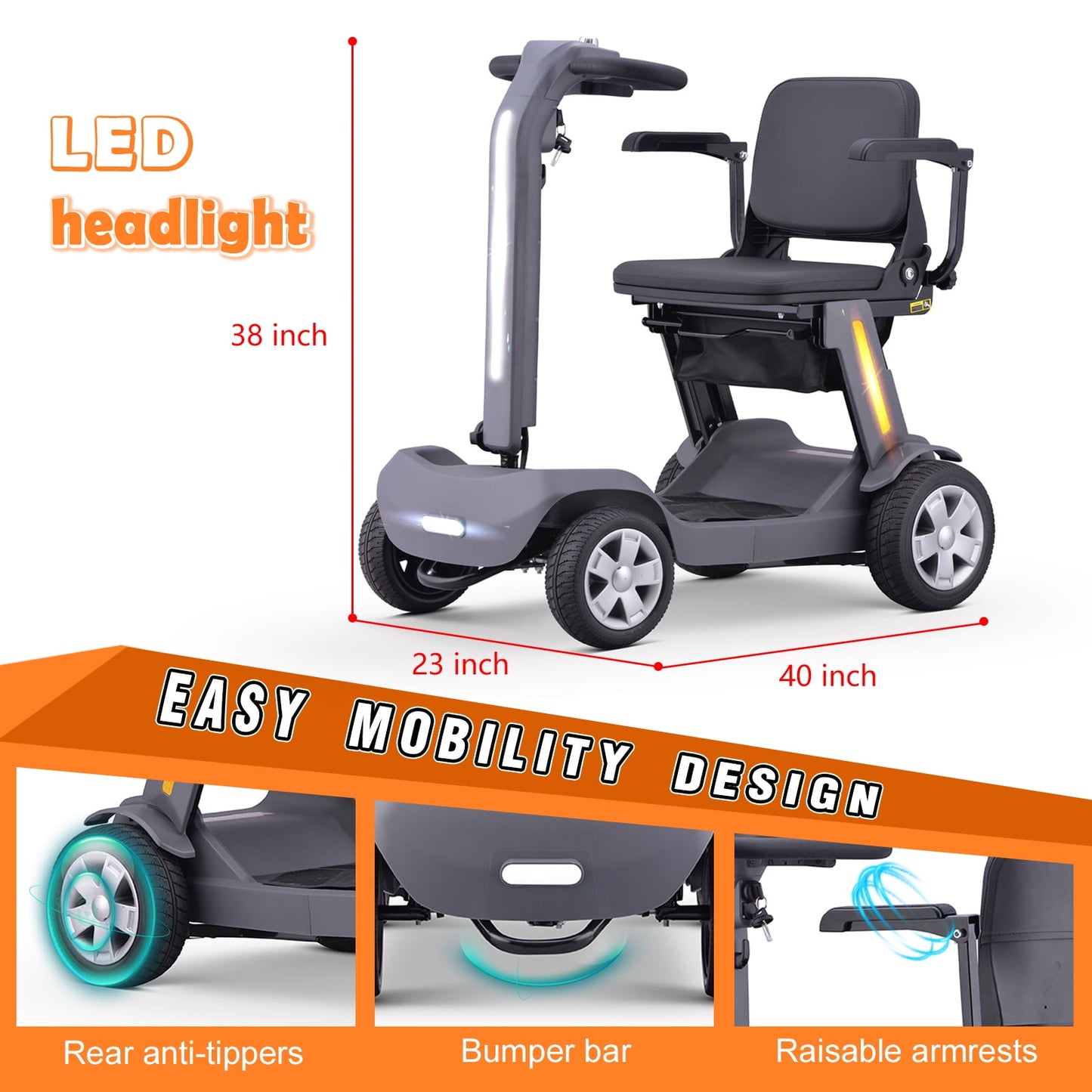 QEASET Foldable Mobility Scooter for Adults & Senior, 4 Wheels Powered Device for Travel, Lightweight and Portable, with LED Strip Light, Storage Bag, Charger Included, No Assemble Required, Grey