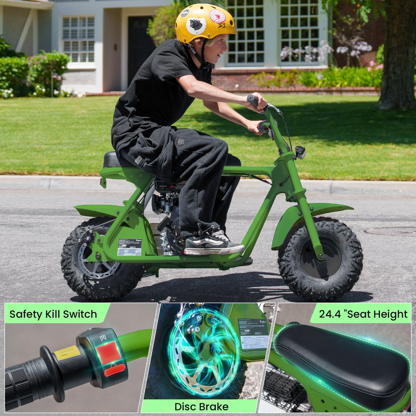 QEASET 99cc Mini Bike Gas Powered, 4-Stroke with LED Headlight, Green