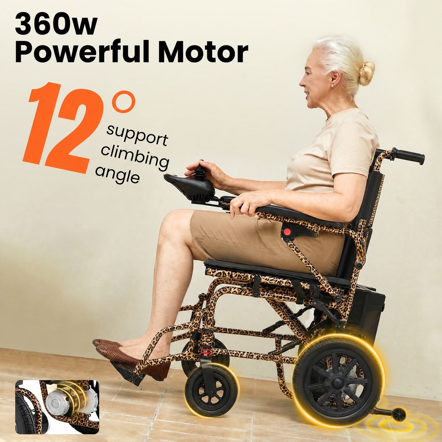 Arshin Electric Wheelchair for Adults - 20+ mile Motorized Wheelchair with 286+ lb Capacity,360°Joystick Control,Lightweight Foldable(Leopard Brown)