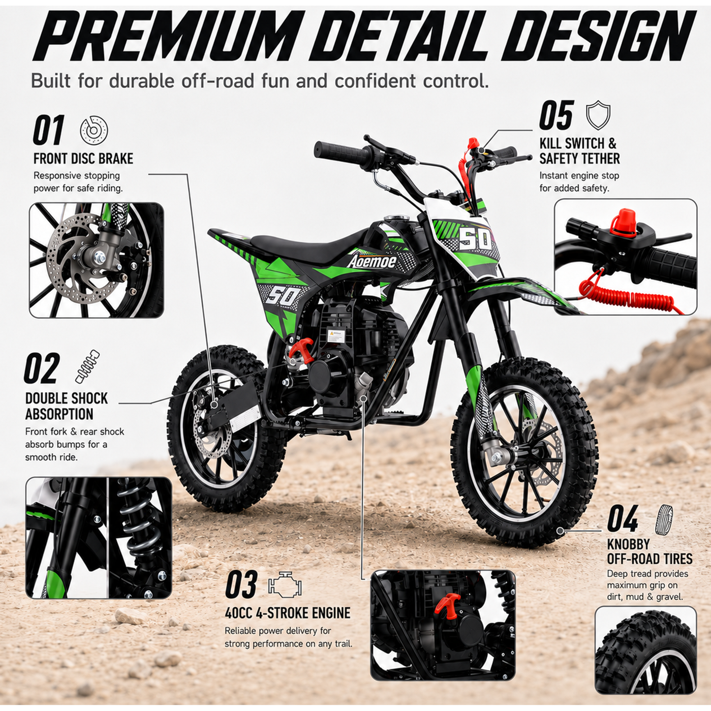 Aoemoe 39cc motor bike, 20mph gas dirt bikes for boys 8 12, Disc Brakes, Max Load 165Lbs, kids dirt bike, Green