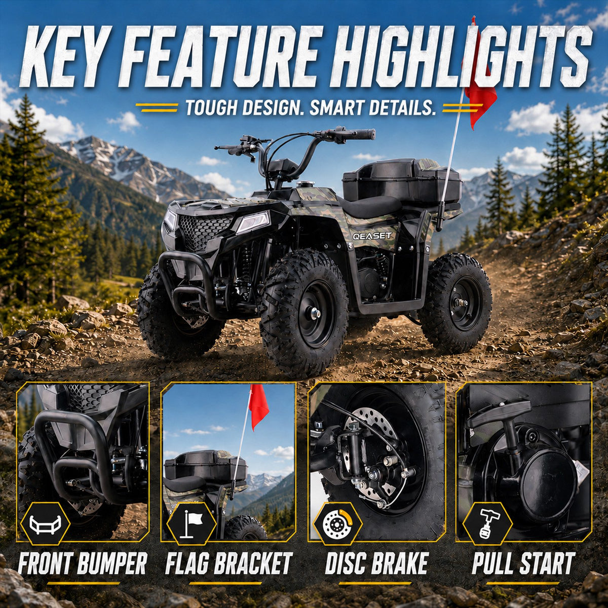 39cc Teen Gas ATV, Gas Powered 4 Wheeler for Teens 16+, 4-Stroke Beginner ATV, Up to 15 MPH, Adjustable Speed, Safety Switches, Front & Rear Brake - Green Camo