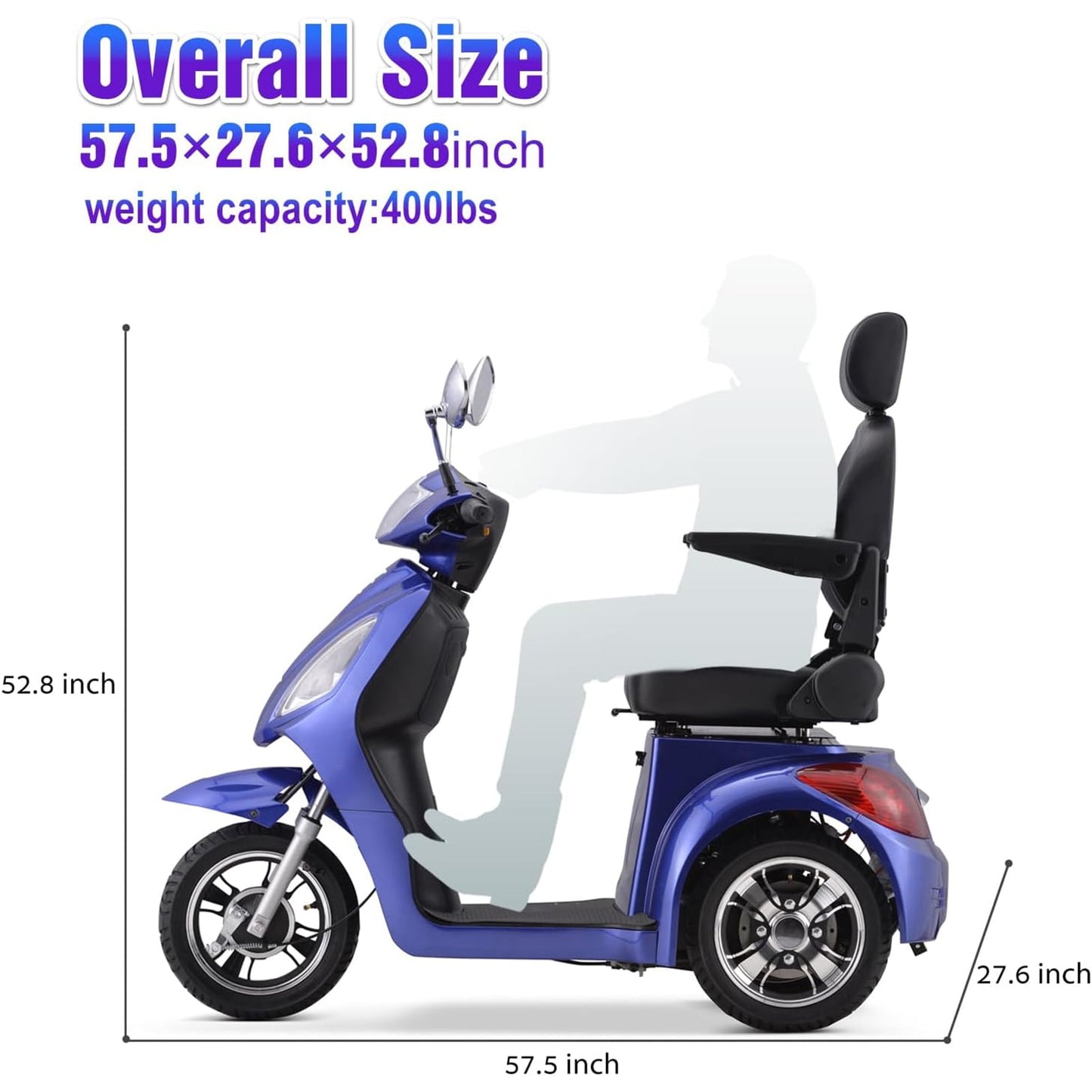 LiltJan 3-Wheel Electric Mobility Scooter for Seniors, 500lb Heavy Duty Capacity Power Scooter, 800W Motorized Medical Scooter with 31-Mile Long Battery Life